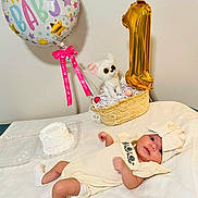 Nasya is registered to the contest to win money with this photo: baby, balloon, birthday, cake, celebration, cloth, cream, decor, face, headband, infant, laying, number_one, plush_toy, ribbon, soft_blanket, toy, white, yellow, pink