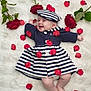 Ilona participe au concours pour gagner de l'argent avec cette photo : baby, infant, smiling, striped_clothing, hat, red_rose_petals, roses, floral, white_fur, cute, happy, laying_down, child, portrait, adorable, cheerful, outdoor_style, nature_elements, flower_arrangement, baby_fashion
