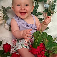 Ilona a rejoint le concours — aidez-le/la à gagner de superbes lots ! baby, barefoot, cheerful, child, cute, floral_skirt, flower, green_leaves, happy, indoor, infant, nature, petals, plant, portrait, purple_top, rose, sitting, skin, smiling
