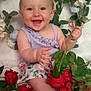 baby, smiling, flower, rose, purple_top, floral_skirt, green_leaves, sitting, happy, cute, infant, plant, petals, nature, portrait, child, cheerful, skin, barefoot, indoor