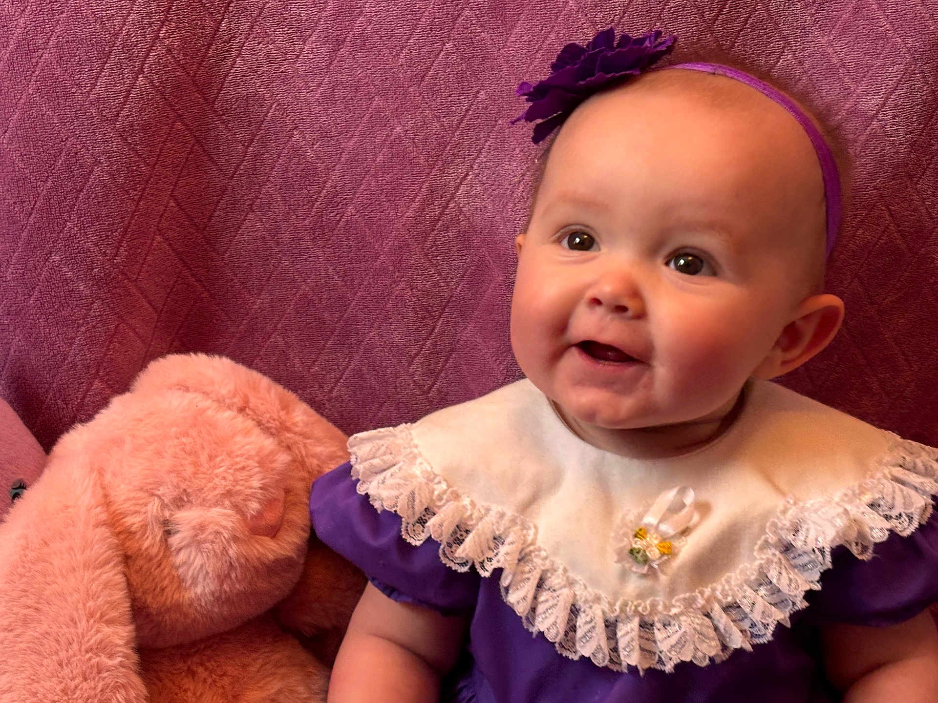 Rachel joined the competition — help win amazing prizes! baby, child, purple_dress, headband, lace_collar, plush_toy, pink_bunny, smiling, portrait, indoor, cute, happy, infant, soft_toy, seated, closeup, face, person, toddler, background