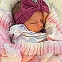 newborn, baby, sleeping, blanket, knitted, pink, white, headband, bow, cozy, infant, wrapped, soft, cute, portrait, child, peaceful, resting, indoors, closeup