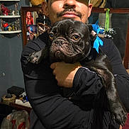 Nutella joined the competition — help win amazing prizes! baseball_cap, black_clothing, black_dog, blue_bow, colorful_blanket, curtain, dog, french_bulldog, household, hugging, indoor, man, person, pet, photography, portrait, shelves, short_snout, standing, wrinkled_face