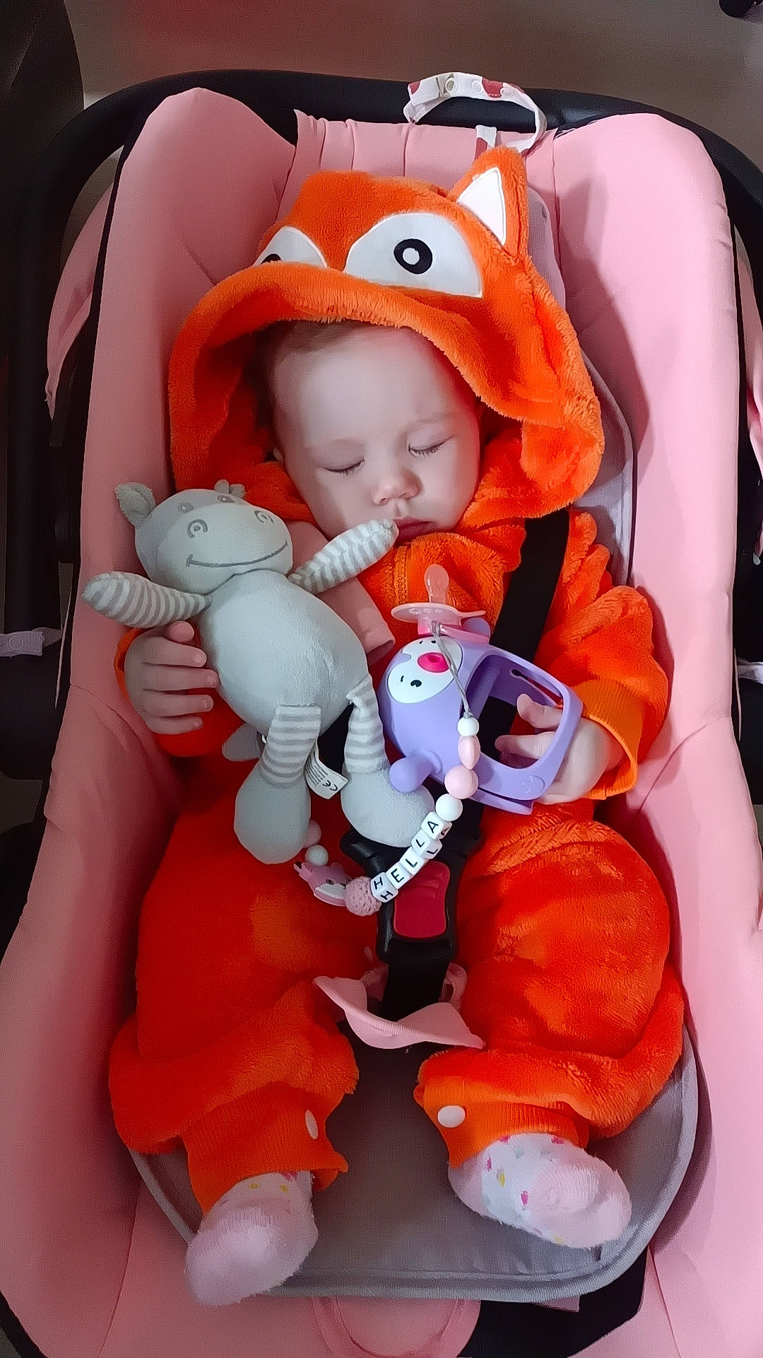 Hella participe au concours pour gagner de l'argent avec cette photo : baby, baby_carriage, baby_in_car_seat, baby_products, baby_sleeping, baby_toddler_clothing, baby_toys, car_seat, child, comfort, fictional_character, lap, orange, person, pink, plush, stuffed_toy, textile, toddler, toy