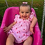 baby, child, swing, pink, dress, bow, smile, outdoor, grass, playground, happy, infant, cute, summer, portrait, seat, person, cheerful, gingham, strawberry