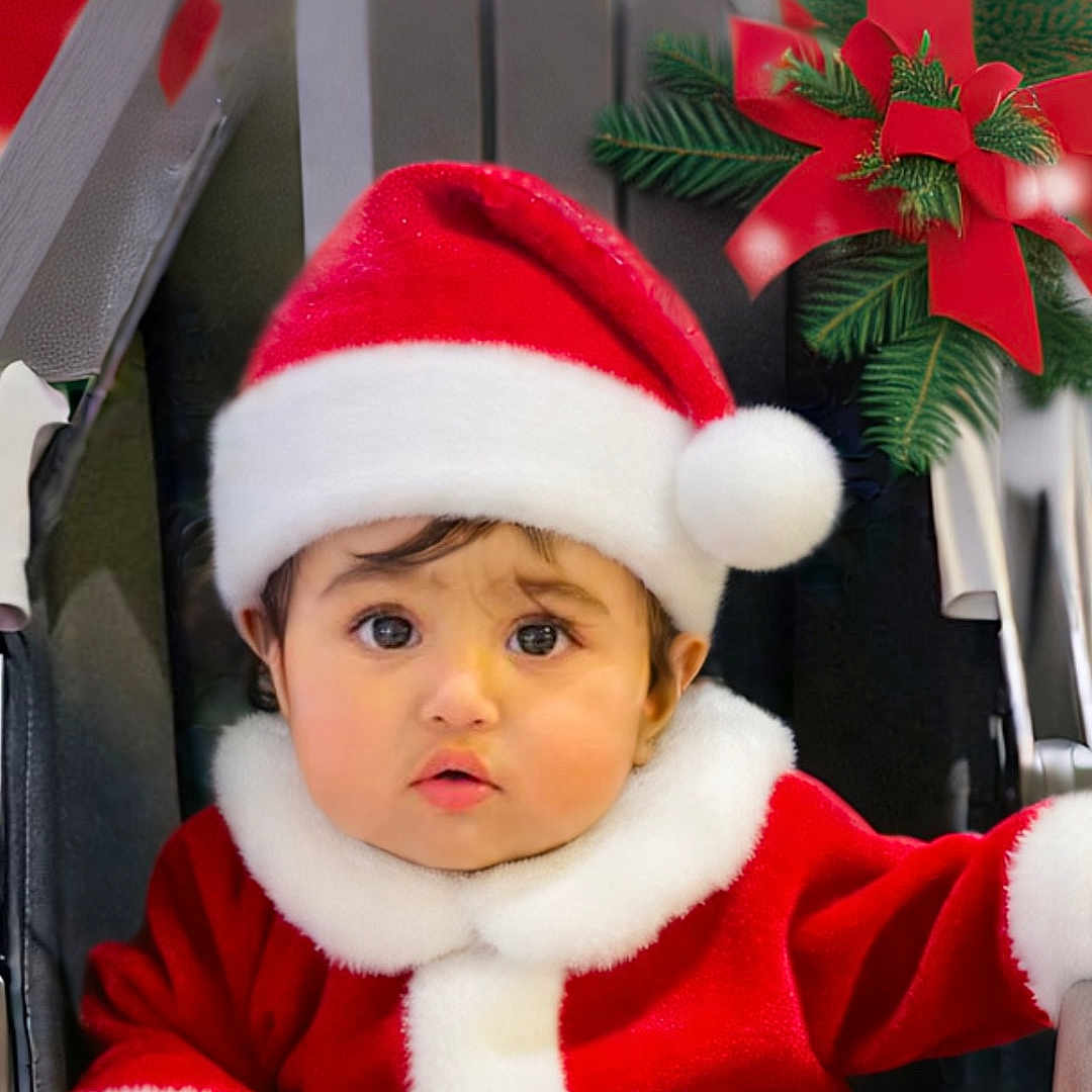Mehreen Kaur joined the competition — help win amazing prizes! adorable, baby, celebration, child, christmas, cute, face, festive, greenery, holiday, infant, portrait, red_background, red_hat, santa_claus_costume, seasonal, stroller, white_fur_trim, winter_clothing, young_child