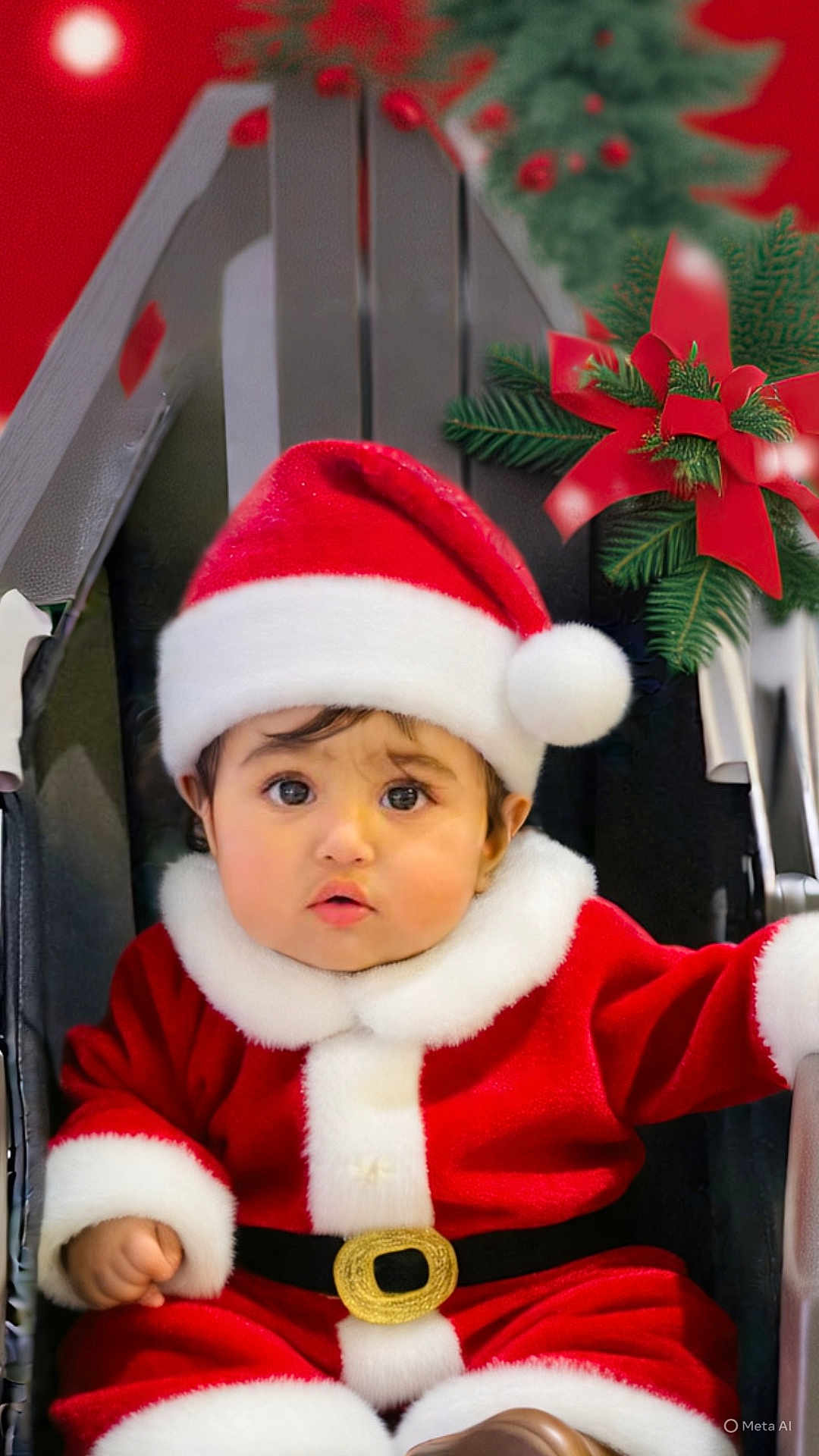 Mehreen Kaur joined the competition — help win amazing prizes! baby, child, santa_claus_costume, red_hat, white_fur_trim, stroller, christmas, holiday, festive, greenery, red_background, cute, adorable, face, infant, seasonal, portrait, young_child, celebration, winter_clothing