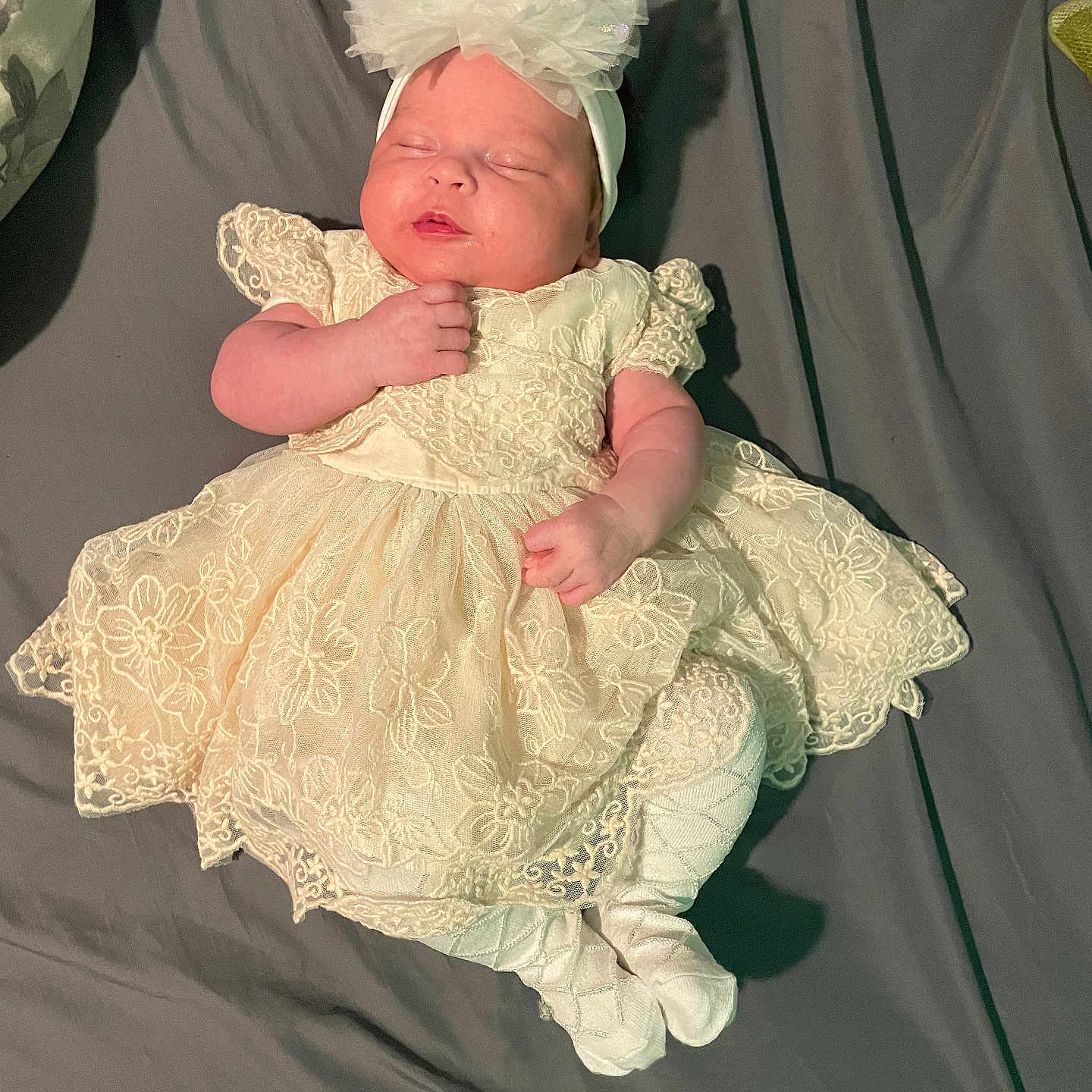 Eden joined the competition — help win amazing prizes! baby, blanket, bow, child, clothing, cute, dress, fabric, headband, indoors, infant, lace, newborn, peaceful, person, portrait, resting, sleeping, small, soft
