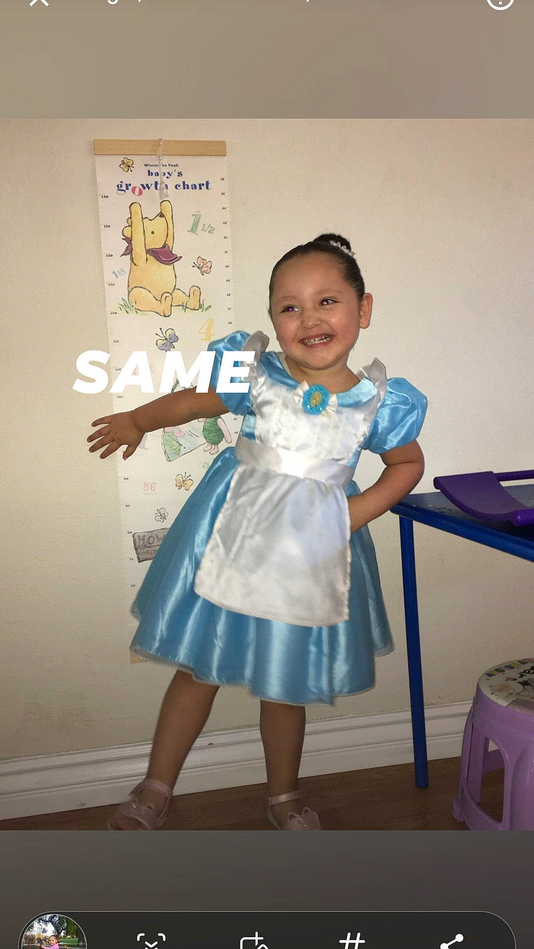 Leticia is registered to the contest to win money with this photo: baby_toddler_clothing, child, cocktail_dress, costume, day_dress, dress, electric_blue, event, fashion_design, fun, happy, human_leg, joy, one_piece_garment, pattern, person, room, sandal, smile, standing