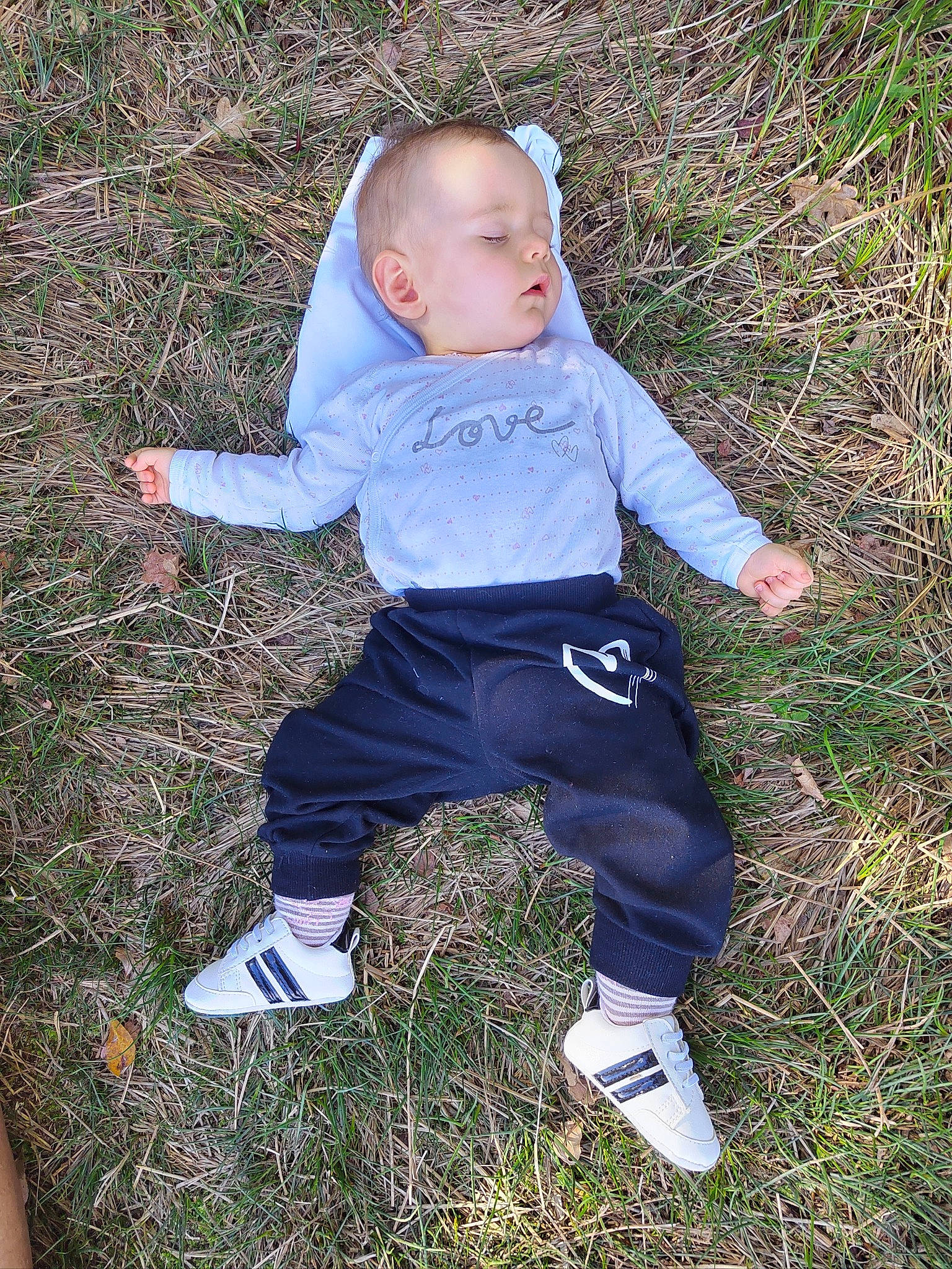 Lylou participe au concours pour gagner de l'argent avec cette photo : baby, baby_toddler_clothing, child, electric_blue, face, fun, grass, grass_family, grassland, leg, pattern, people_in_nature, person, plant, sitting, soil, spring, toddler, tree, vertebrate