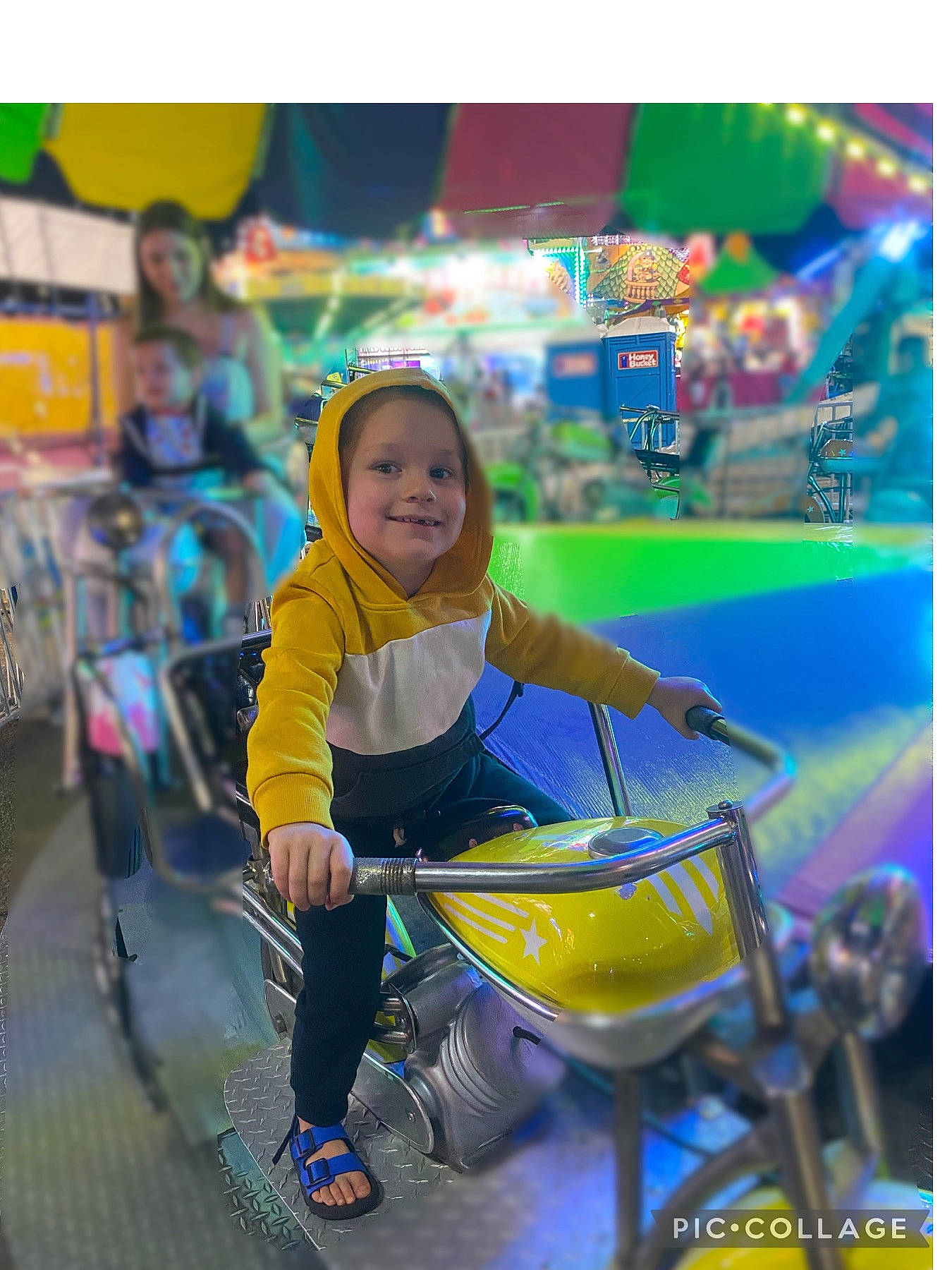 Gerald joined the competition — help win amazing prizes! amusement_ride, blurred, cart, chair, child, city, event, fun, grass, happy, joy, leisure, outdoor_play_equipment, person, play, recreation, sandal, shorts, sitting, smile