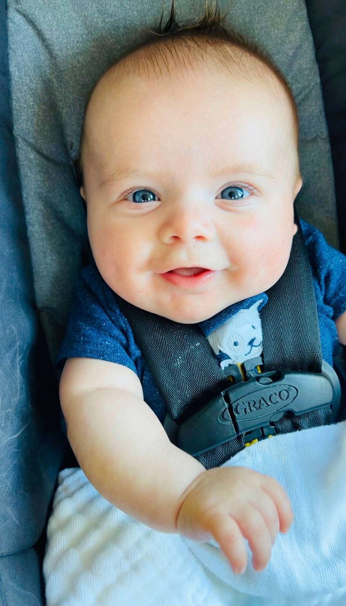 William joined the competition — help win amazing prizes! baby, baby_carriage, baby_products, baby_safety, baby_toddler_clothing, cheek, chin, collar, comfort, electric_blue, eye, eyebrow, finger, happy, iris, person, sitting, skin, sleeve, smile