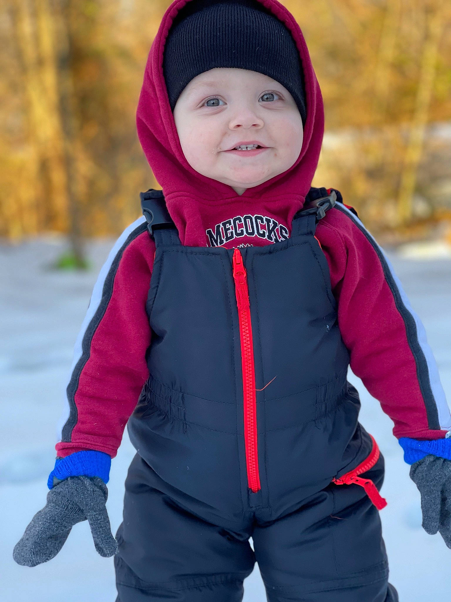 Jamie is registered to the contest to win money with this photo: baby_toddler_clothing, cap, cool, electric_blue, face, fun, gesture, happy, headwear, jacket, leisure, magenta, outerwear, people_in_nature, person, red, sleeve, smile, snow, toddler