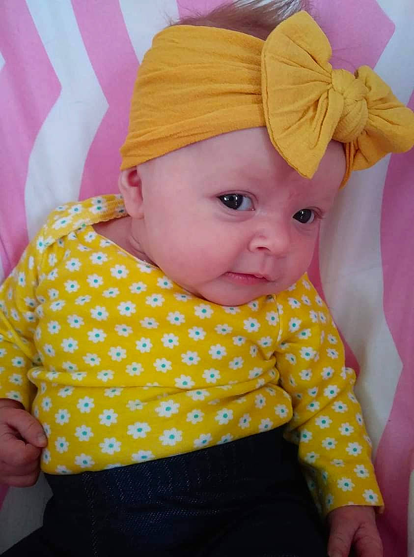 Mae joined the competition — help win amazing prizes! baby, bonnet, child, clothing, headgear, pattern, person, pink, polka_dot, skin, toddler, yellow