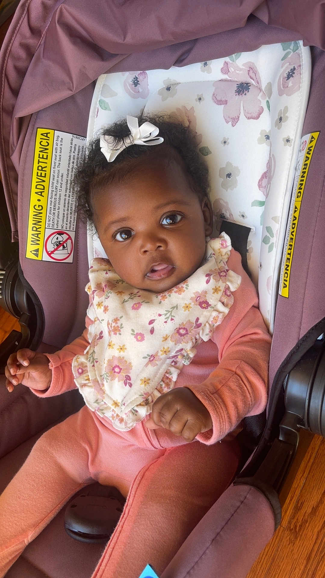 Christina joined the competition — help win amazing prizes! baby, child, car_seat, pink_outfit, bib, flower_pattern, bow, curly_hair, indoor, portrait, infant, cute, young_child, seated, clothing, face, hands, looking, expression, wood_floor