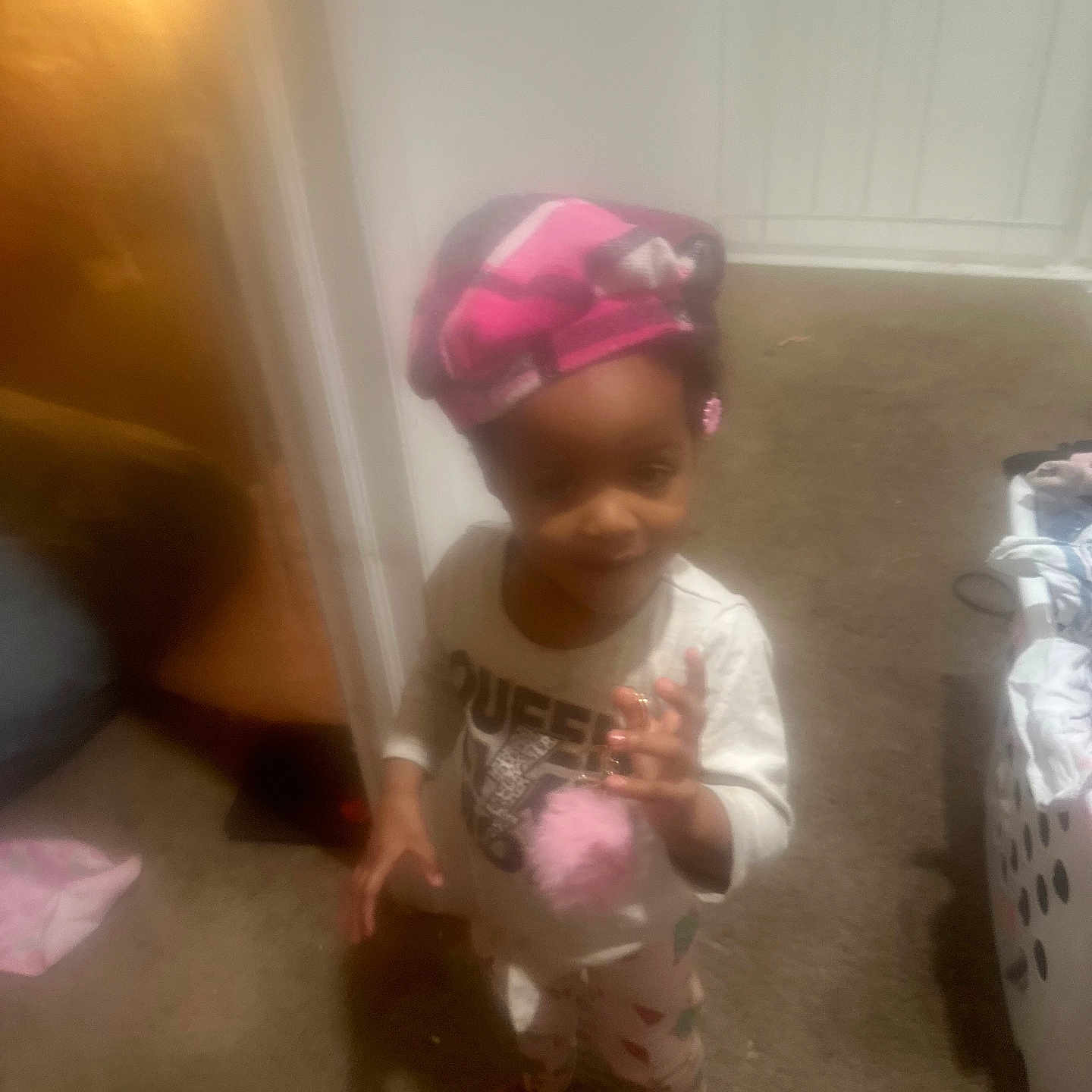 Markeya joined the competition — help win amazing prizes! accessories, baby, bodypart, bonnet, cap, clothing, door, face, finger, hand, hardhat, hat, head, helmet, indoors, person, photography, portrait, sitting, t_shirt