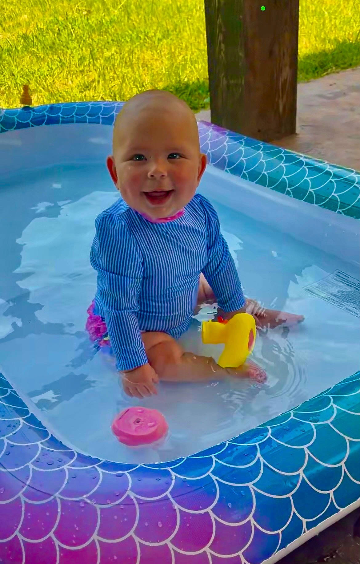 Liliana is registered to the contest to win money with this photo: baby, babylaughing, bathing, face, grass, happy, head, leisureactivities, person, photography, plant, pool, portrait, sitting, smile, sport, summer, swimming, swimmingpool, water