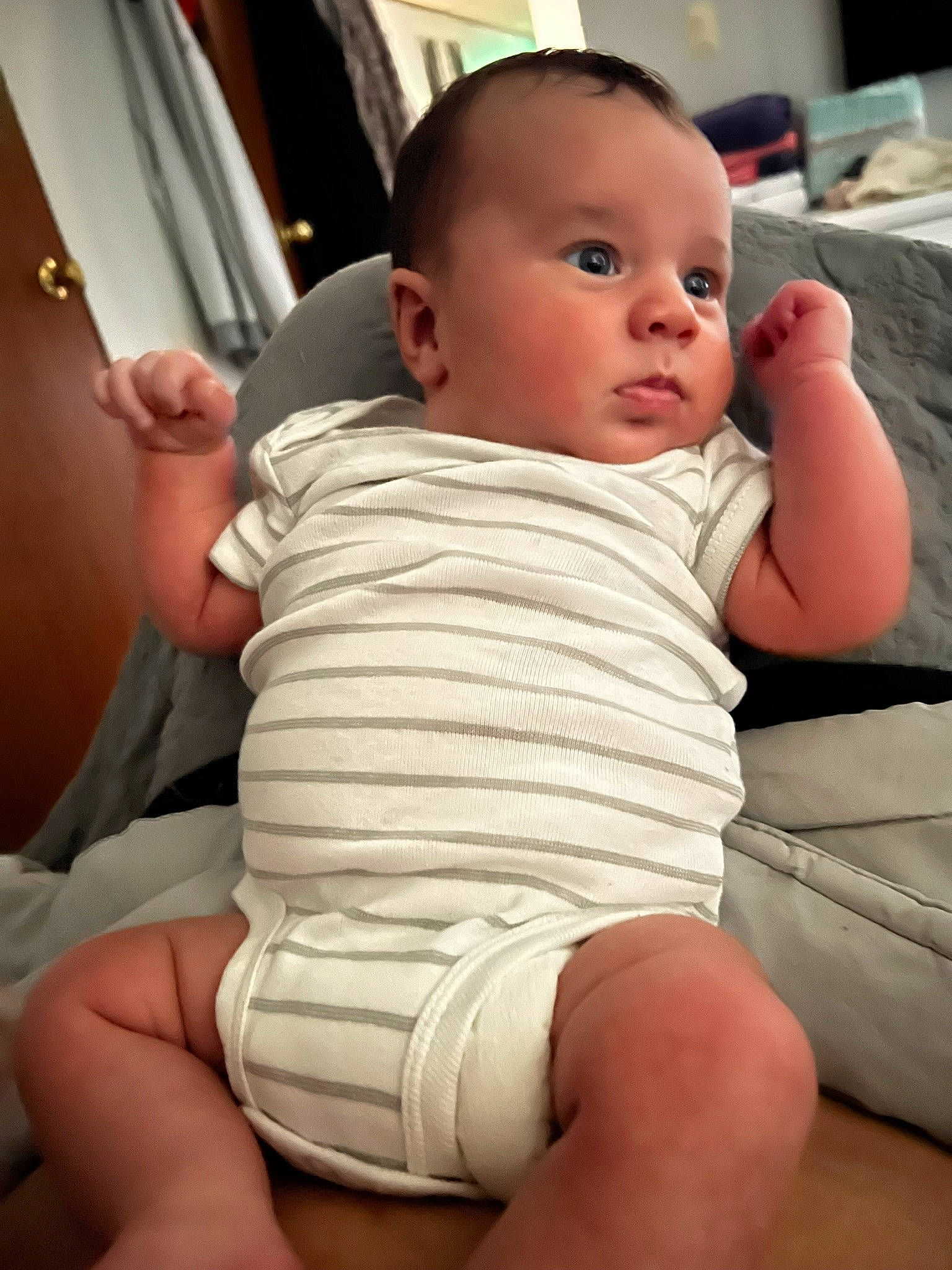 Ezra joined the competition — help win amazing prizes! baby, baby_toddler_clothing, cheek, comfort, finger, gesture, hand, head, iris, joint, lip, mouth, muscle, neck, nose, person, shoulder, skin, sleeve, stomach