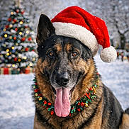 Voyou a rejoint le concours — aidez-le/la à gagner de superbes lots ! german_shepherd, dog, santa_hat, christmas_garland, snow, outdoor, holiday, festive, christmas_tree, decorations, tongue_out, winter, canine, celebration, seasonal, animal_portrait, pet, cute, smiling, nature
