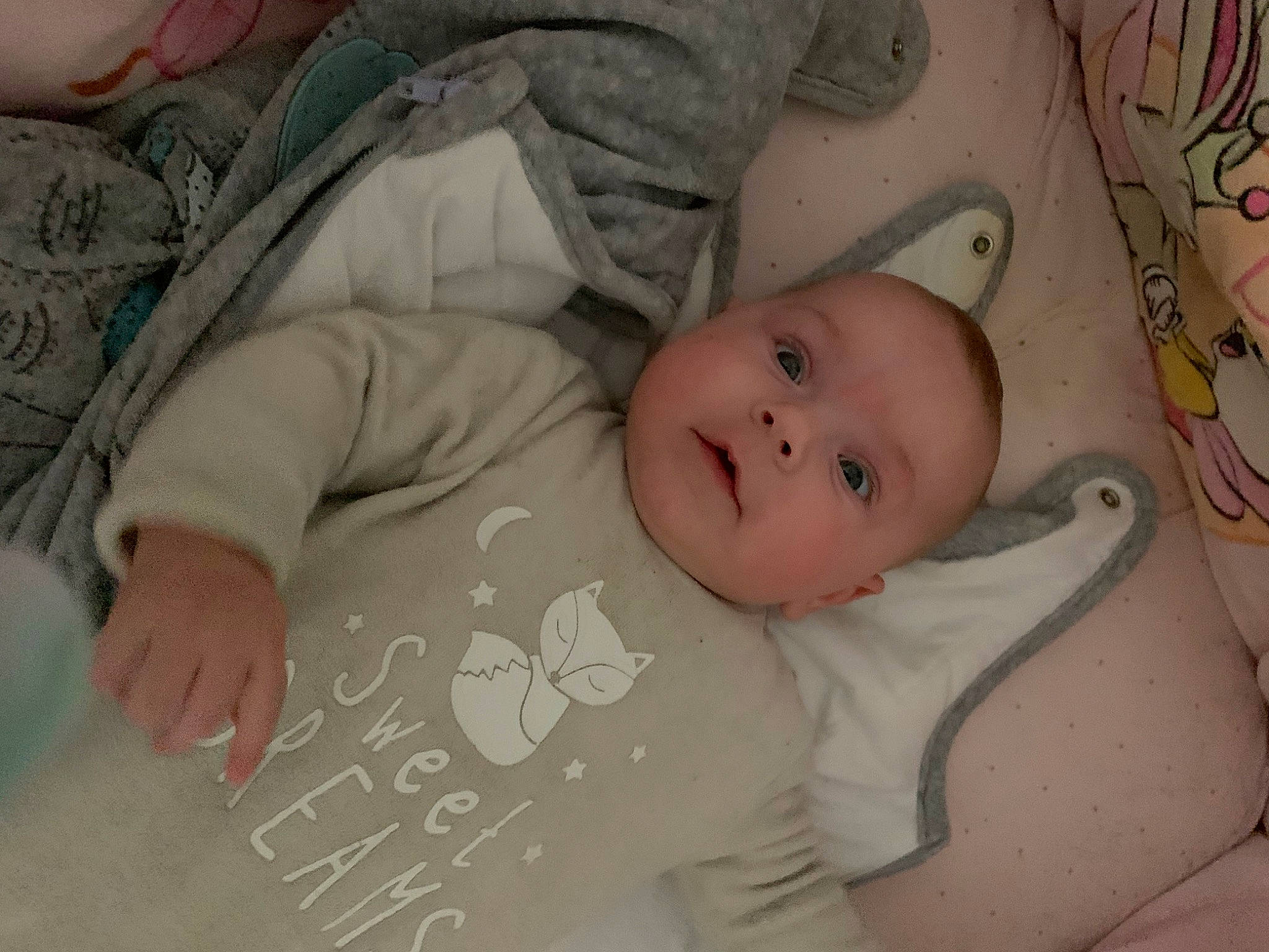 Cloé participe au concours pour gagner de l'argent avec cette photo : baby, baby_products, baby_toddler_clothing, cheek, child, comfort, face, head, linens, pattern, person, product, room, skin, sleeve, textile, toddler