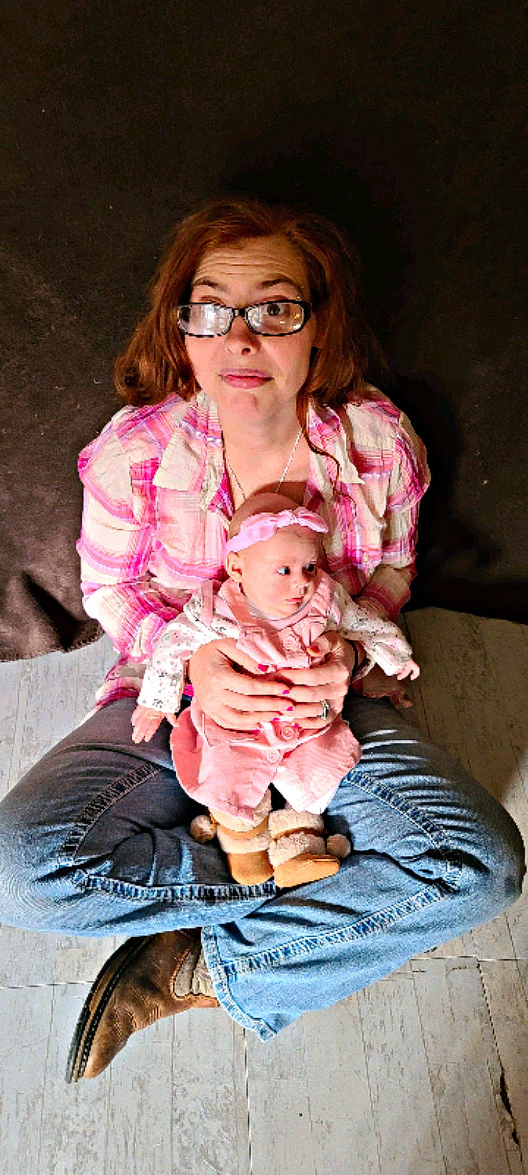 Emberlynn joined the competition — help win amazing prizes! baby, baby_toddler_clothing, brown_hair, cheek, comfort, finger, foot, glasses, human, human_body, lap, living_room, person, pink, portrait_photography, sitting, sock, toddler