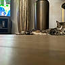 animal, cat, decor, eyes_closed, floor, furniture, gold_accent, home, indoor, living_room, man_on_tv, modern, pet, relaxed, resting, sleeping_cat, tabby_cat, table, television, vase