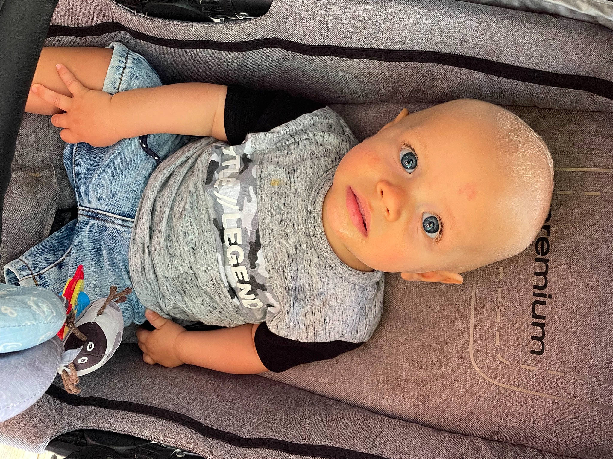Liam participe au concours pour gagner de l'argent avec cette photo : arm, baby, baby_products, baby_toddler_clothing, cheek, child, comfort, denim, hand, human_leg, knee, mouth, person, product, sitting, skin, textile, thigh, toddler, tree