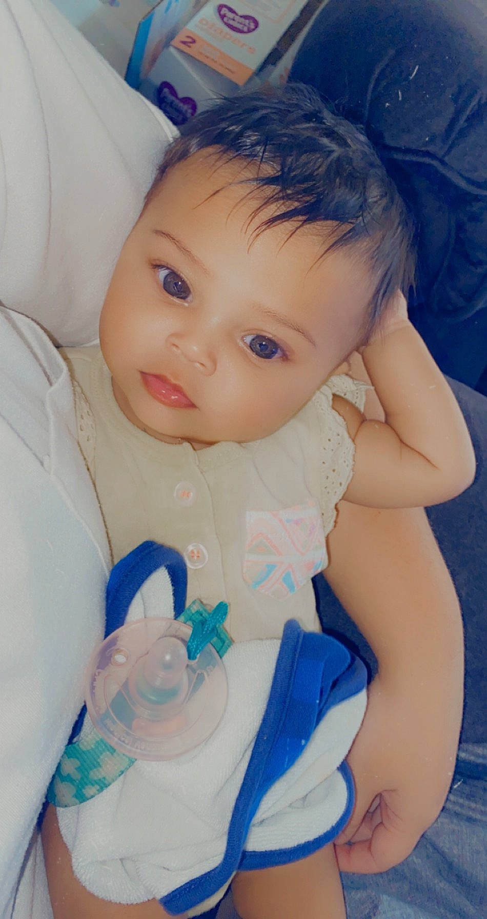 Giavanna is registered to the contest to win money with this photo: baby, blue, cheek, child, chin, eye, eyebrow, face, forehead, head, iris, lip, nose, person, product, skin, smile, toddler