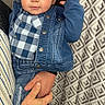 Payton is registered to the contest to win money with this photo: adult, blue_eyes, casual, child, clothing, cowboy_hat, cute, denim_jacket, fashion, footwear, hand, holding, indoor, jeans, patterned_curtain, person, plaid_shirt, portrait, toddler, young