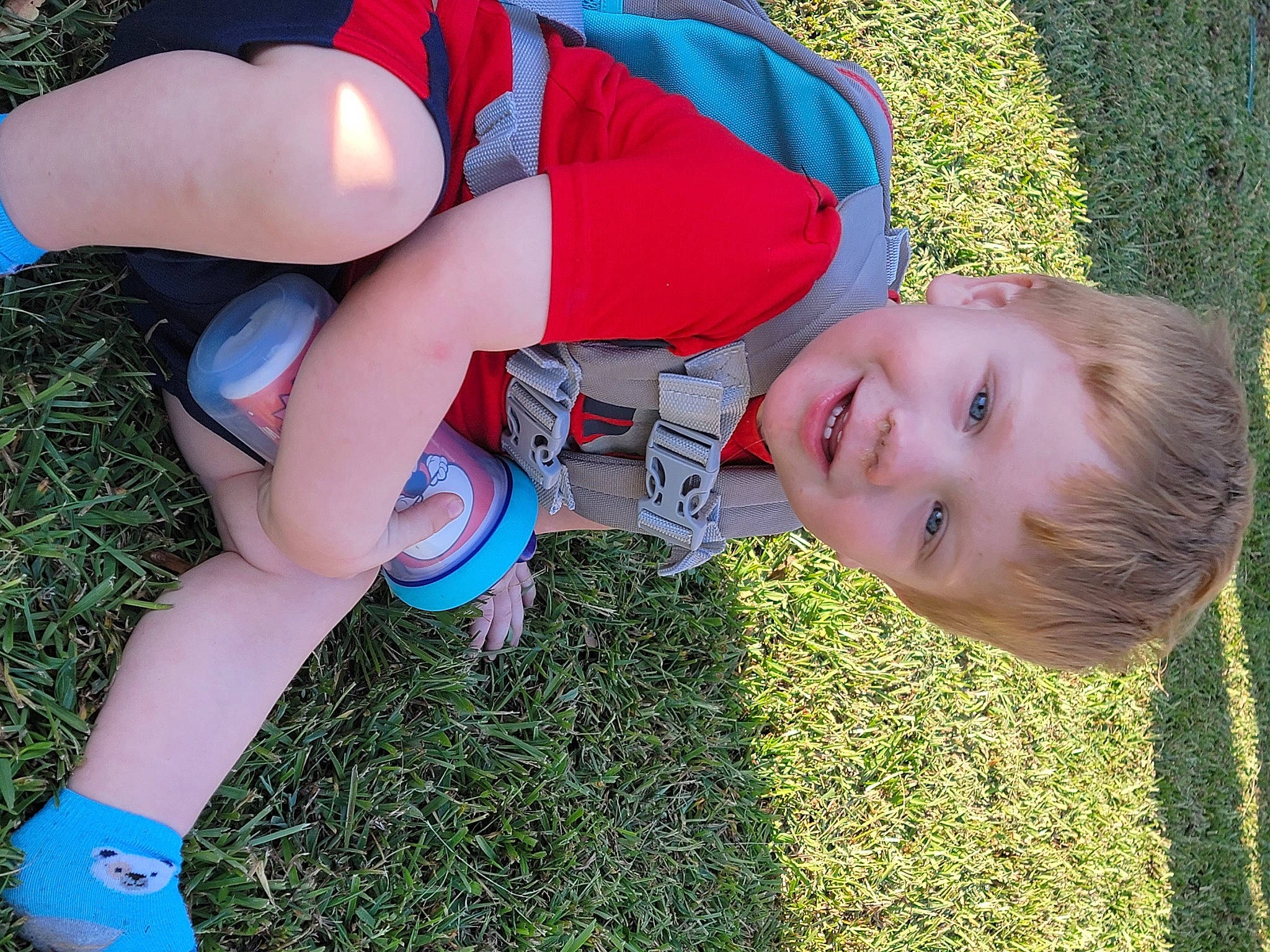 Walker joined the competition — help win amazing prizes! blond, child, electric_blue, finger, fun, grass, grass_family, happy, human_leg, joy, lawn, leg, leisure, mouth, people_in_nature, person, personal_protective_equipment, plant, smile, thigh