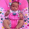 Ahvi Princess joined the competition — help win amazing prizes! baby, infant, pink, minnie_mouse, baby_seat, polka_dots, stars, wooden_deck, outdoor, cute, child, toddler, patterned_fabric, colorful, seatbelt, barefoot, face, sitting, summer, playful