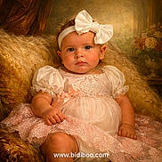 Ahvi is registered to the contest to win money with this photo: baby, child, girl, dress, bow, headband, lace, pink, portrait, couch, plush, flower, vase, decor, indoor, cute, skin, face, sitting, young