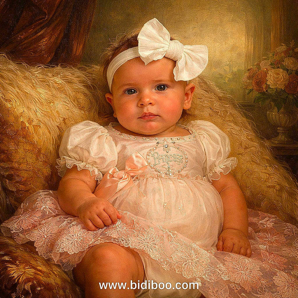Ahvi is registered to the contest to win money with this photo: baby, child, girl, dress, bow, headband, lace, pink, portrait, couch, plush, flower, vase, decor, indoor, cute, skin, face, sitting, young