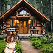 Zippo is registered to the contest to win money with this photo: animal, bench, collar, cozy, daytime, dog, forest, grass, greenery, log_cabin, nature, outdoor, pathway, pet, rustic, shrubbery, tag, trees, wood, wooden_house