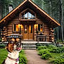 animal, bench, collar, cozy, daytime, dog, forest, grass, greenery, log_cabin, nature, outdoor, pathway, pet, rustic, shrubbery, tag, trees, wood, wooden_house