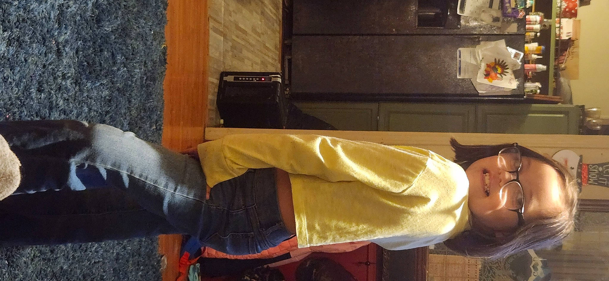 Skylar joined the competition — help win amazing prizes! abdomen, comfort, couch, denim, elbow, flooring, fur, home_appliance, human_leg, joy, kitchen, kitchen_appliance, knee, leather, microwave_oven, person, room, sitting, thigh, wood