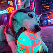 Zazou a rejoint le concours — aidez-le/la à gagner de superbes lots ! animal, blue_eyes, city_street, closeup, collar, colorful, cyberpunk, dog, futuristic, glowing_ball, husky, lighting, neon_lights, night, outdoor, paw, pet, side_view, urban, vibrant