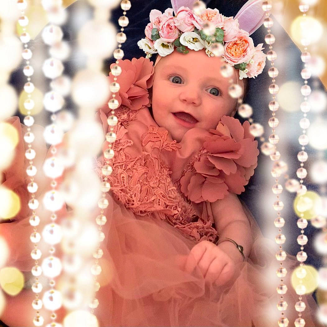 Lillian joined the competition — help win amazing prizes! beauty, bridal_accessory, cut_flowers, dress, embellishment, eyelash, flower, flower_arranging, happy, head, headgear, headpiece, headwear, jewellery, magenta, pattern, peach, person, petal, pink