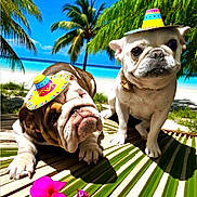 Lilith And Fiona joined the competition — help win amazing prizes! animal, beach, bulldog, cute, daylight, dog, flower, hat, holiday, nature, ocean, outdoor, palm_tree, pet, portrait, sand, sombrero, sunny, tropical, vacation