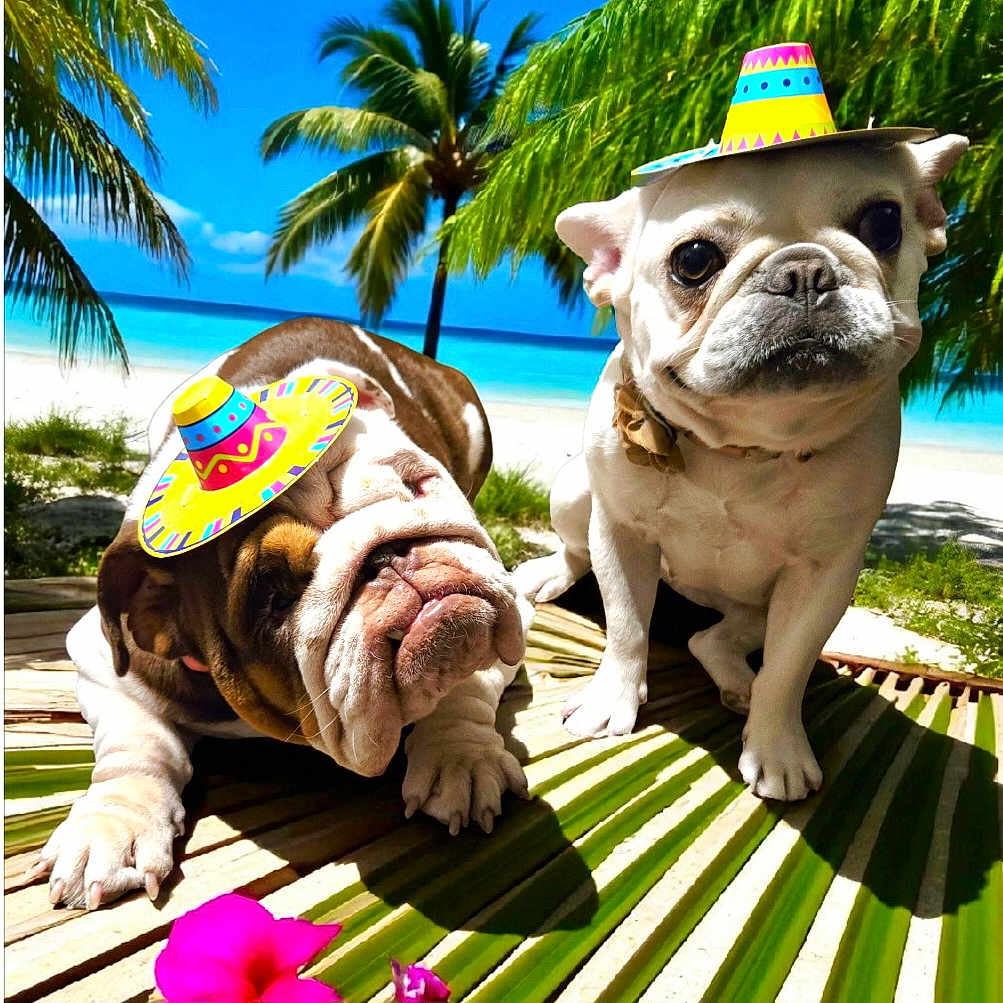 Lilith And Fiona joined the competition — help win amazing prizes! animal, beach, bulldog, cute, daylight, dog, flower, hat, holiday, nature, ocean, outdoor, palm_tree, pet, portrait, sand, sombrero, sunny, tropical, vacation