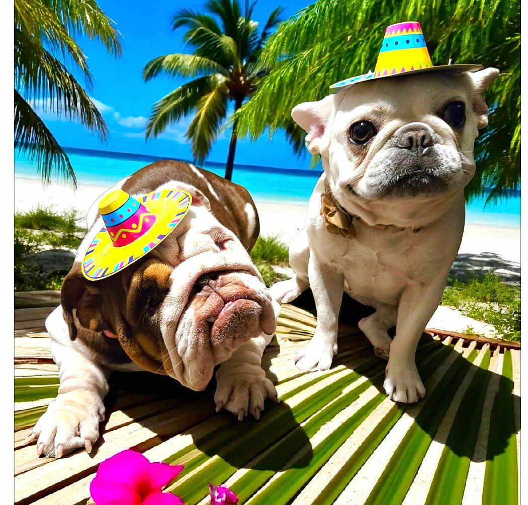 Lilith And Fiona joined the competition — help win amazing prizes! animal, beach, bulldog, cute, daylight, dog, flower, hat, holiday, nature, ocean, outdoor, palm_tree, pet, portrait, sand, sombrero, sunny, tropical, vacation