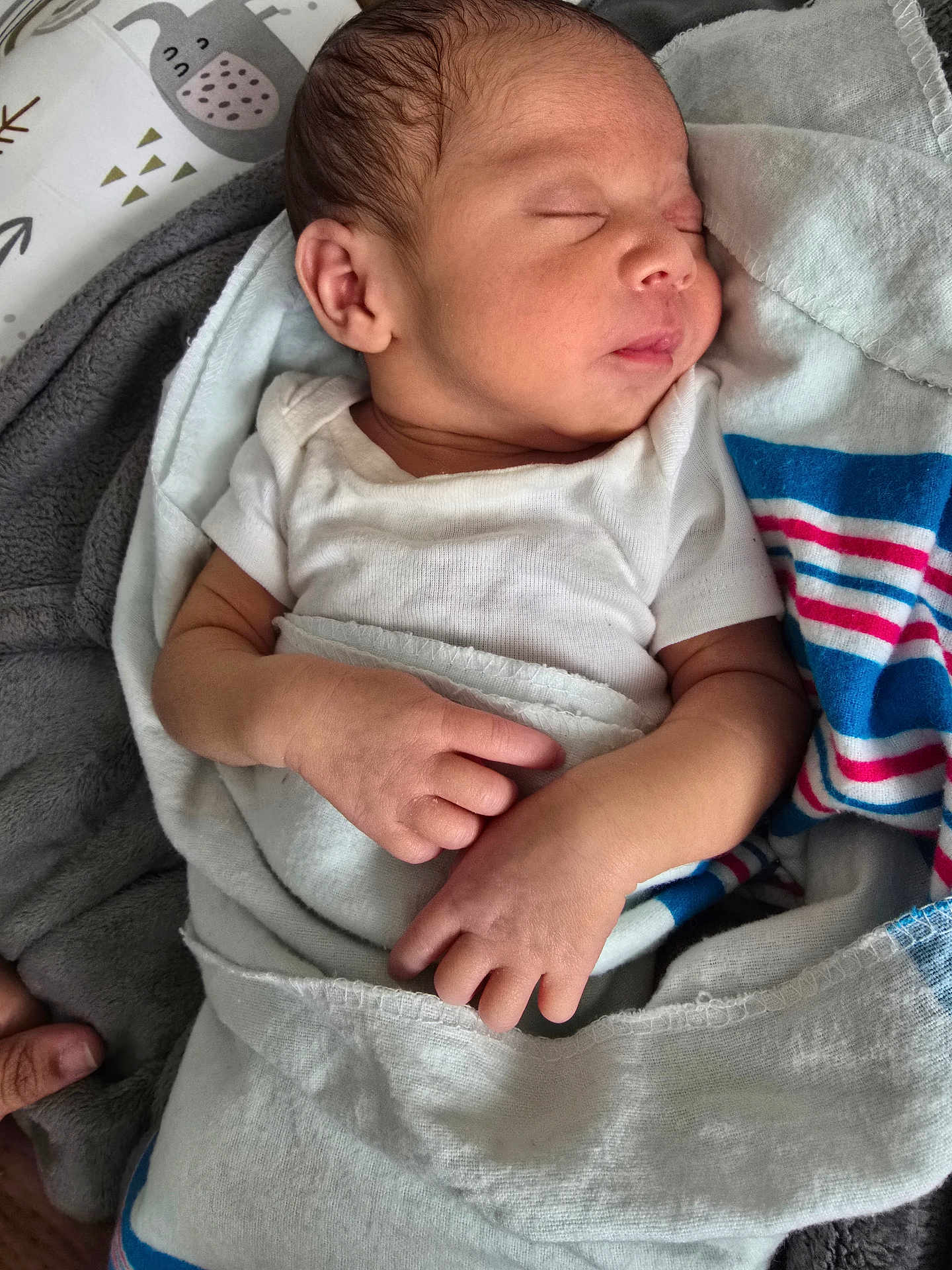 Matteo is registered to the contest to win money with this photo: baby, newborn, sleeping, blanket, infant, white_clothing, hands, face, peaceful, soft_texture, closeup, child, resting, cozy, cute, skin, portrait, indoors, wrapped, toddler