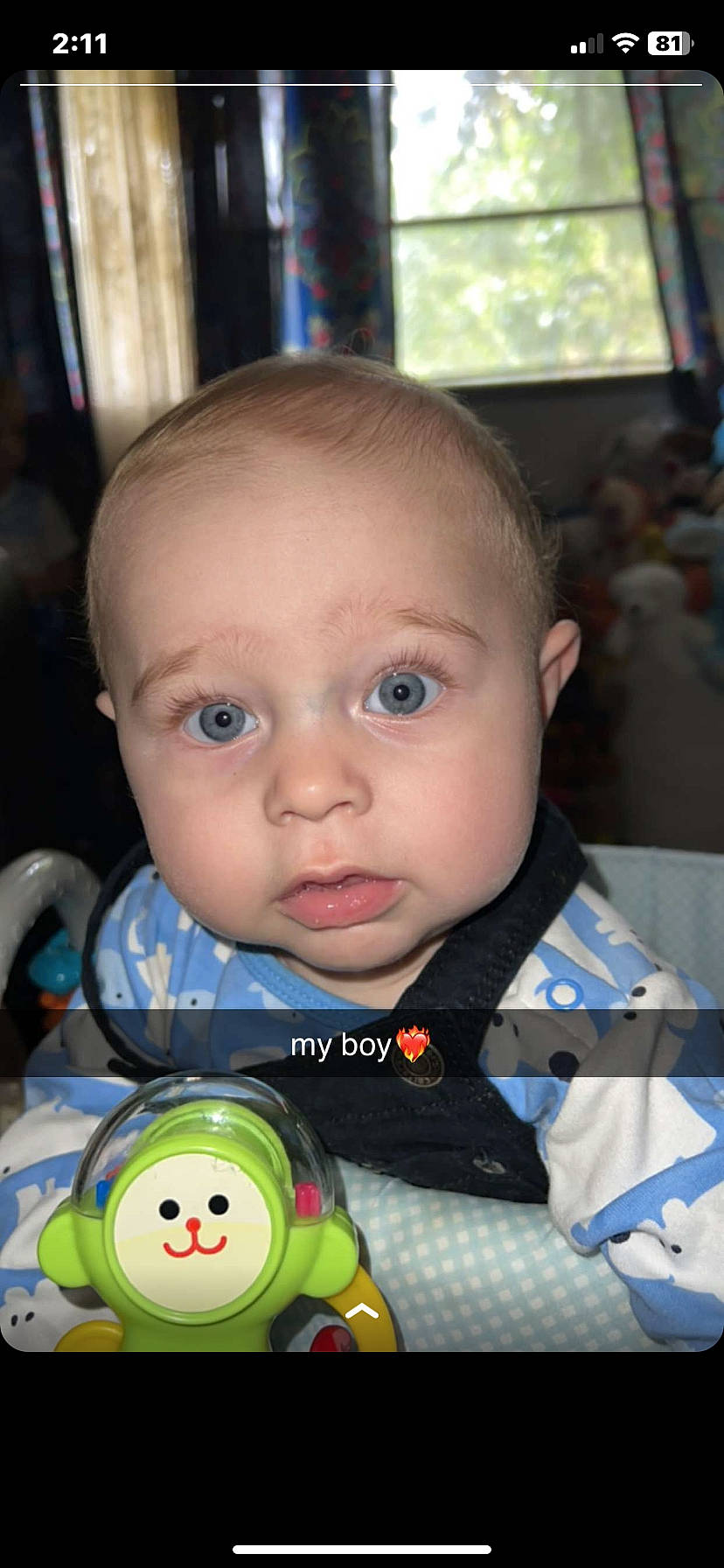 Emmett is registered to the contest to win money with this photo: baby, baby_products, baby_toddler_clothing, baby_toys, cheek, child, drinkware, eyebrow, eyelash, facial_expression, fun, happy, iris, nose, organ, person, photograph, product, skin, snapshot