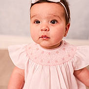 Emerson joined the competition — help win amazing prizes! adorable, baby, child, closeup, curious_eyes, cute, face, girl, headband, indoor, infant, innocent_expression, pink_dress, portrait, ruffled_sleeves, sitting, skin, soft_lighting, white_bow, young_child