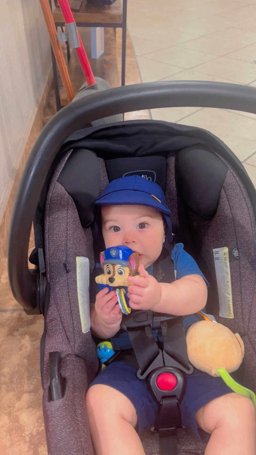 Eliette is registered to the contest to win money with this photo: baby, car_seat, toy, blue_cap, infant, child, indoor, floor_tile, cleaning_tools, hands, clothing, seatbelt, curious, sitting, cute, person, face, playful, childhood, young
