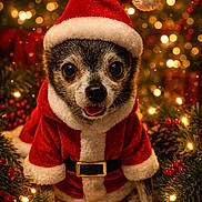 Sebastian joined the competition — help win amazing prizes! animal, christmas, christmas_lights, christmas_spirit, christmas_tree, cute, decorations, dog, festive, festive_outfit, holiday, holiday_season, pet, pine_branches, portrait, red_berries, santa_costume, santa_hat, small_dog, warm_lighting