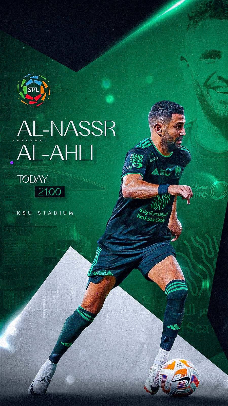 Riyad participe au concours pour gagner de l'argent avec cette photo : entertainment, event, fashion_design, font, football_player, human_leg, jersey, knee, leg, person, player, poster, shoe, shorts, sleeve, sneakers, soccer_player, sock, sportswear, t_shirt