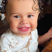 Kolt joined the competition — help win amazing prizes! toddler, child, smiling, curly_hair, brown_eyes, food, hand, onesie, animal_print, indoor, table, wooden_table, face, cute, happy, person, baby, close_up, portrait, eating
