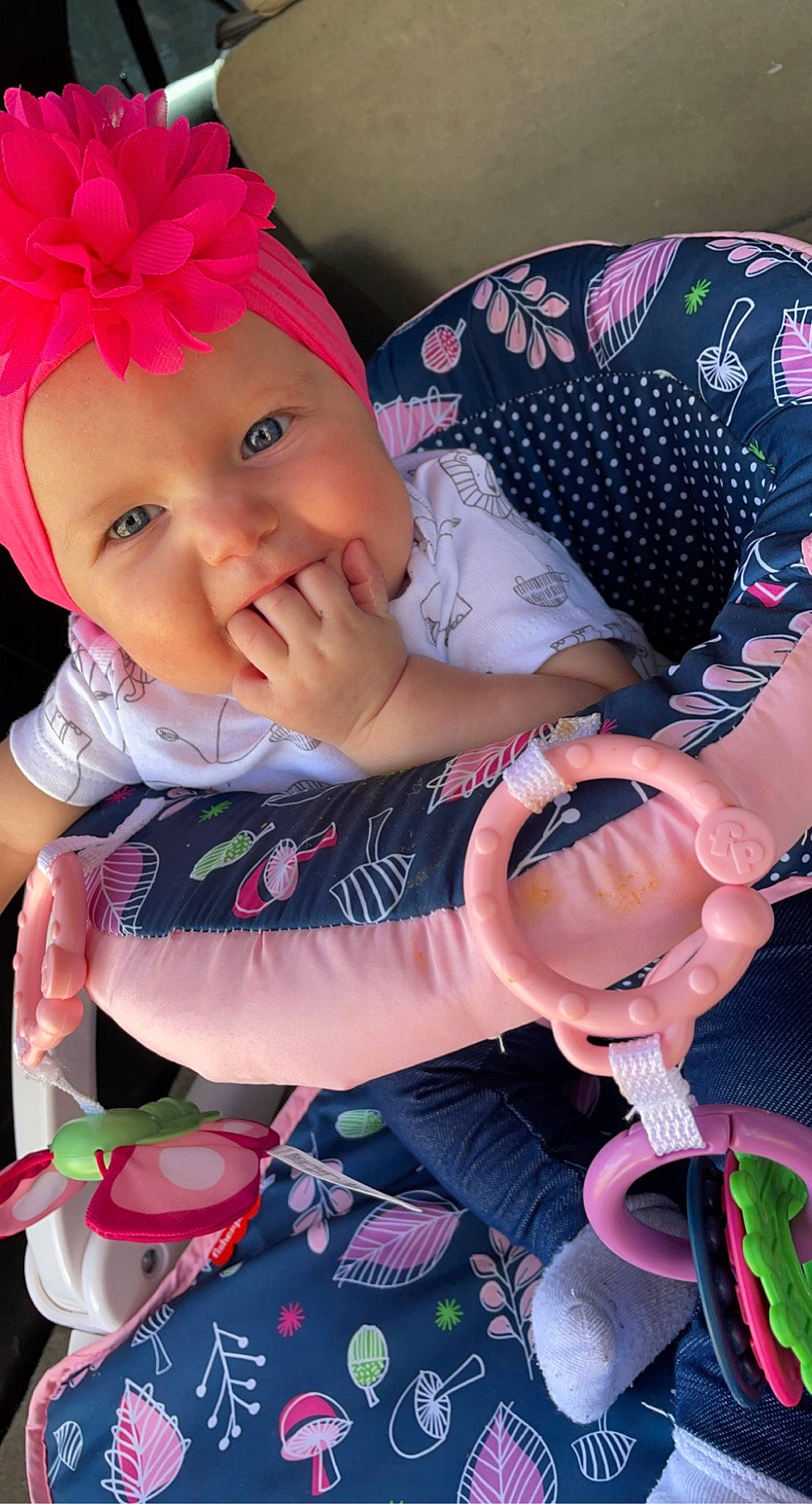 Destiny joined the competition — help win amazing prizes! baby, baby_products, baby_toddler_clothing, beauty, cheek, child, finger, hand, happy, headband, headwear, magenta, pattern, person, pink, purple, sitting, skin, sleeve, smile