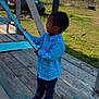 Ezai participe au concours pour gagner de l'argent avec cette photo : child, boy, blue_shirt, dark_pants, sneakers, wooden_deck, metal_pole, outdoor, grass, car, fence, sky, clouds, daylight, person, standing, holding, side_view, yard, casual_clothing